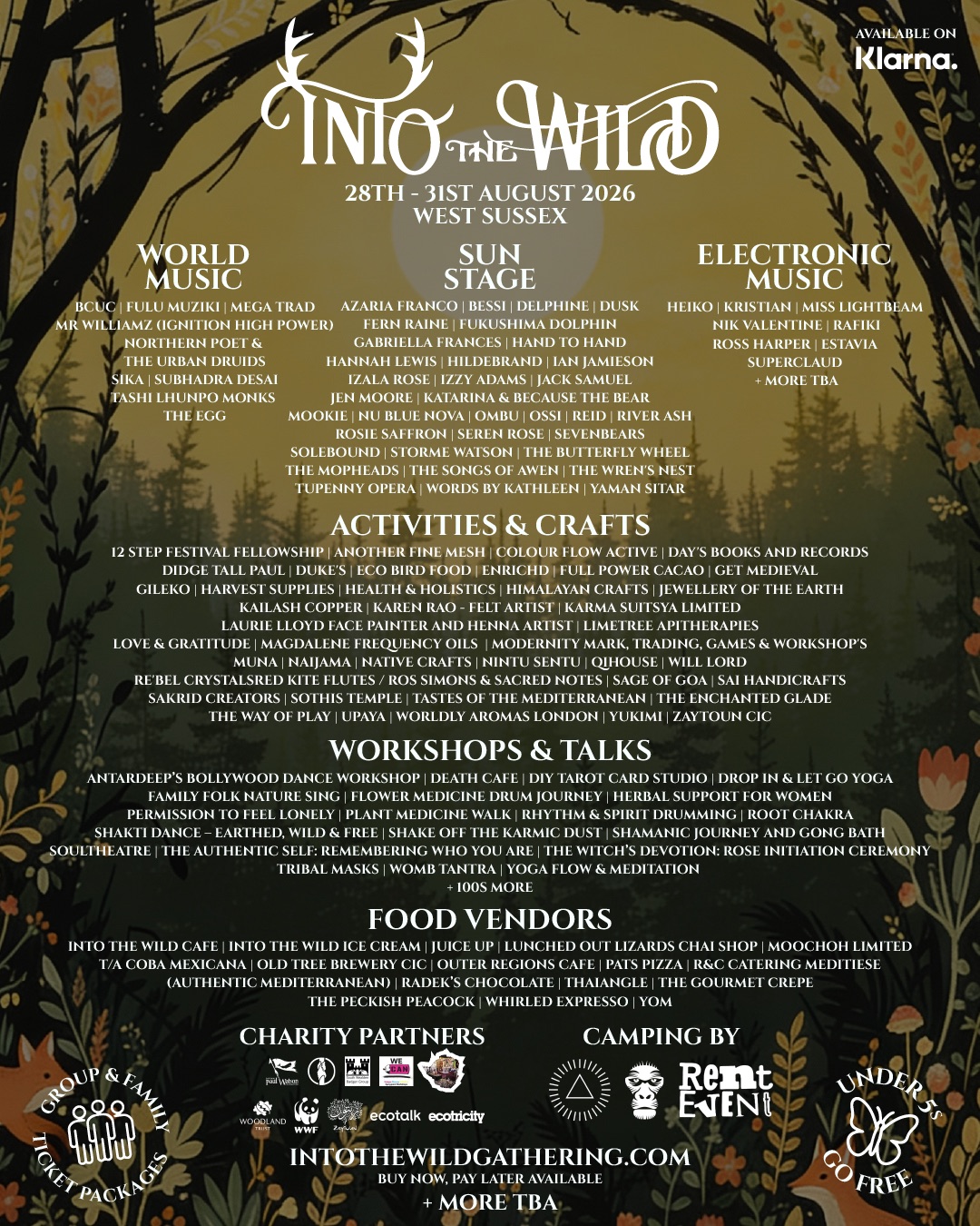 Into the Wild 2026 full line-up poster — 28th–31st August 2026, West Sussex. World Music, Sun Stage and Electronic Music artists, plus activities, crafts, workshops, talks and food vendors.